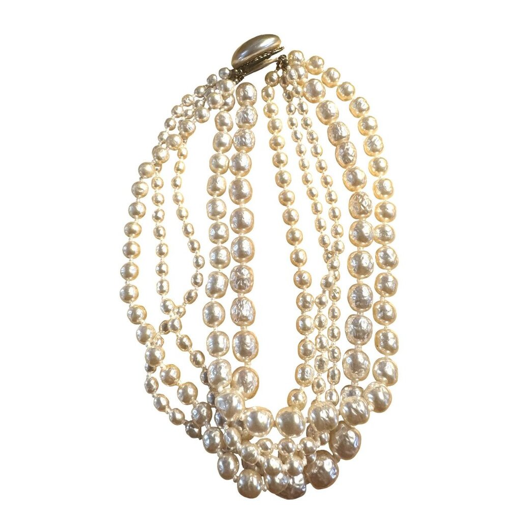 VTG Miriam Haskell Gold Tone & Faux Pearl Necklace 18.25" L 5-Strands TW: 262.7